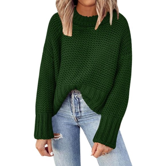 Women's Crewneck Chunky Knit Batwing Long Sleeve Loose Pullover Sweaters Tops - Picture 2 of 6